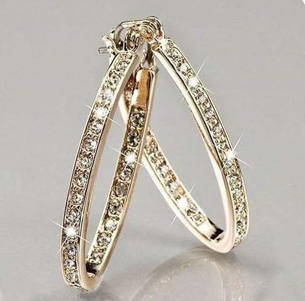 14K Gold Tone Rhinestone Hoop Earrings Cubic Zirconia Style New